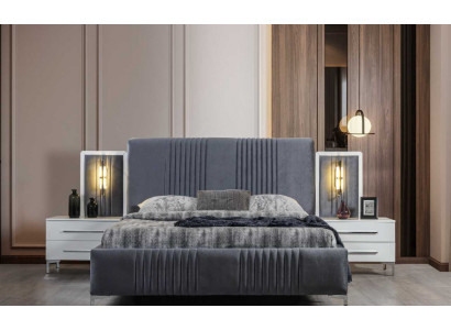 Modernes Graues Doppelbett 2x Holz Nachttische Schlafzimmer Garnitur