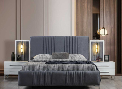 Modernes Graues Doppelbett 2x Holz Nachttische Schlafzimmer Garnitur