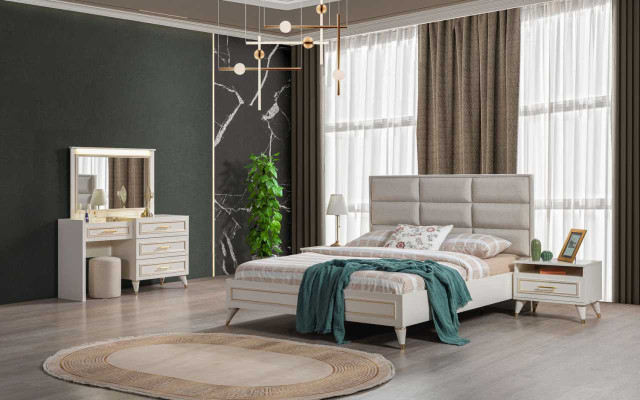 Großes Schlafzimmer Set Doppelbett Schminkttisch Hocker Spiegel 6tlg