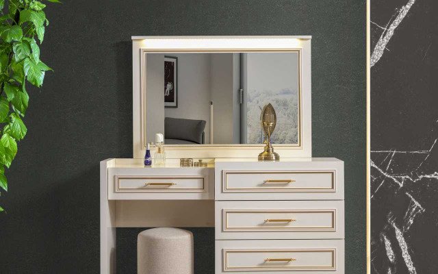 Großes Schlafzimmer Set Doppelbett Schminkttisch Hocker Spiegel 6tlg