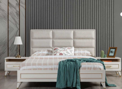 Weiße Schlafzimmer Garnitur Polster Doppelbett 2x Holz Nachttische 3tlg