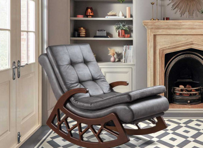 Exklusiver Grauer Schaukelstuhl Wohnzimmer Relax Möbel Holzgestell Neu