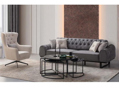 Grauer Chesterfield Dreisitzer Luxuriöser Polster Weißer Sessel 2tlg Set