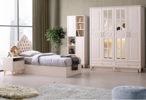 Jugendzimmer-Set 4tlg Beige Modern Bett Nachttisch Kleiderschrank Bücherregal