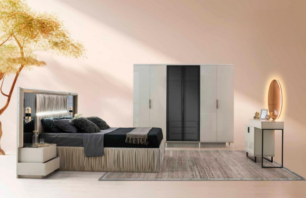 Schlafzimmer-Set 5tlg Komplett Bett 2x Nachttische Kleiderschrank Schminktisch 