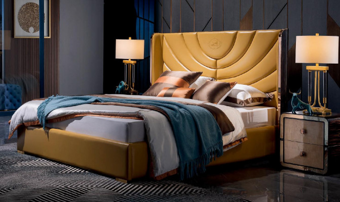 Luxus Bett Schlafzimmer Leder Polster Doppel Betten Metall Design