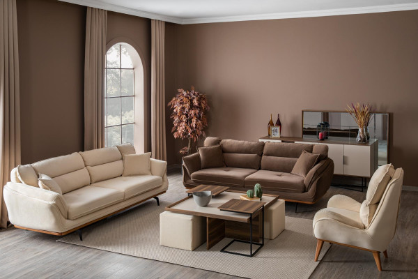 Beige Couch Polster Sofa Möbel Couchen Wohnzimmer Dreisitzer Textil Stoff