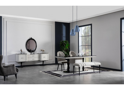 Esszimmer Tisch 4x Stühle Anrichte mit Spiegel Bank 7tlg. Set Gruppe
