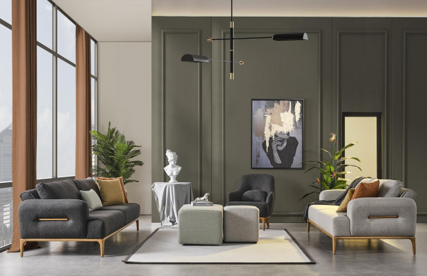 Sessel Design Luxus Polster Lounge grau Modernes Wohnzimmer Holz Textil