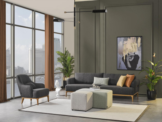 Sessel Design Luxus Polster Lounge grau Modernes Wohnzimmer Holz Textil