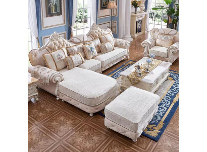 Ecksofa L-Form Sessel Hocker Couch Holz mit Textil Barock Rokoko