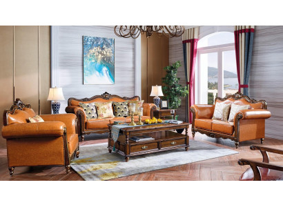 Amerikanische Sofagarnitur Ledersofa Couch Polster 321 Holz Sitzer
