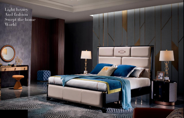 Designer Schlafzimmer Möbel 5tlg Komplett Set Bett Nachttisch Schminktisch Leder