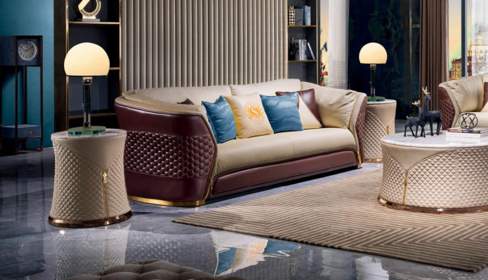 Beige-Braune Ledersofa Couchgarnitur 3+2 Sitzer Set Garnitur Polstersofas 2tlg.