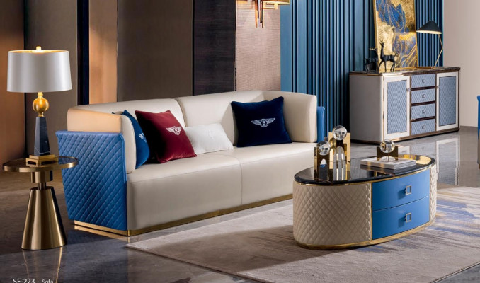 Blau-Beige Ledersofas Designe Wohnzimmer Garnitur 3+2 Set 2tlg.