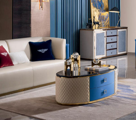 Blau-Beige Ledersofas Designe Wohnzimmer Garnitur 3+2 Set 2tlg.