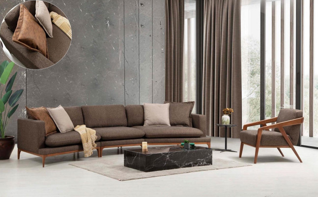 Ecksofa Sofa Wohnzimmer Sofas Stoff Luxus Eck L-Form Holz Stil Modern Möbel Neu