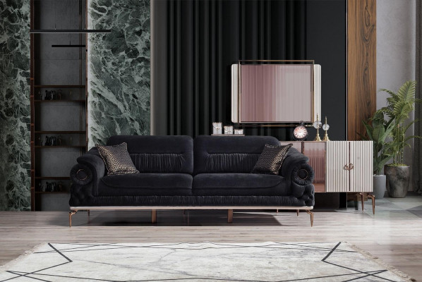 Stilvoller 3-Sitzer Wohnzimmer Schwarze Luxus Couch Modernes Holzgestell