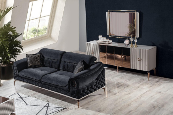 Stilvoller 3-Sitzer Wohnzimmer Schwarze Luxus Couch Modernes Holzgestell