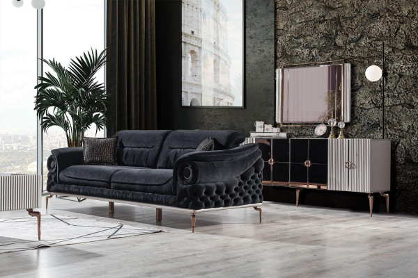 Stilvoller 3-Sitzer Wohnzimmer Schwarze Luxus Couch Modernes Holzgestell
