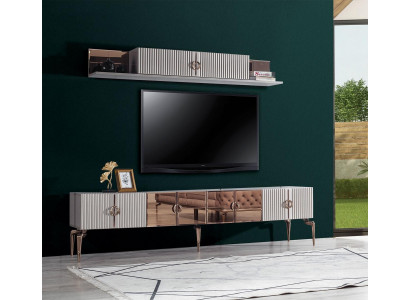 Moderne Wohnzimmerambiente Weißes RTV-Lowboard Edelstahl Regal 2tlg Set