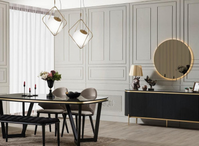 Modern 8tlg.Esszimmer Set Esstisch 4x Stühle Anrichte Spiegel Bank neu