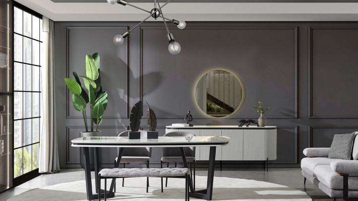 Modern Esszimmer Set Besteht aus Esstisch 4x Stühle und Anrichte Spiegel