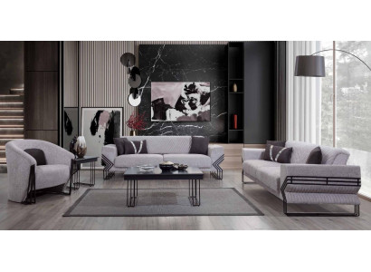 Hellgraue Sofagarnitur Moderne x2 Polstersofas Designer Sessel Tische