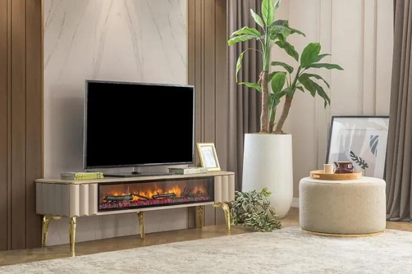  Sideboard RTV Wohnzimmer Luxusmöbel Kamin Beige MDF Metall Lowboard