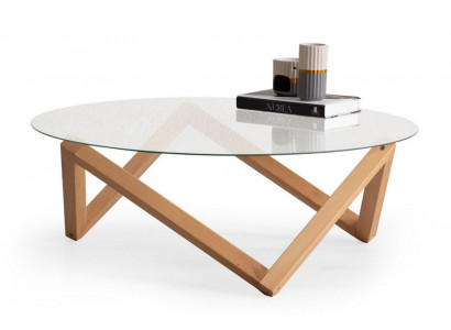  Couchtisch im modernen Stil runde Glastischplatte Wohnzimmer Holzbeine
