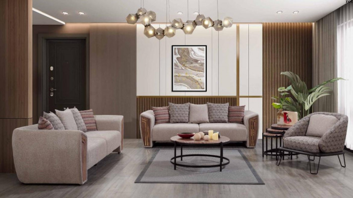  Beige Wohnzimmer Polster Sofagarnitur Dreisitzer Sessel Textil Möbel