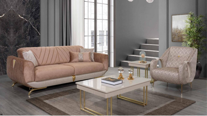  Beige Wohnzimmer Garnitur Luxus 3-Sitzer Polstersessel Beistelltisch