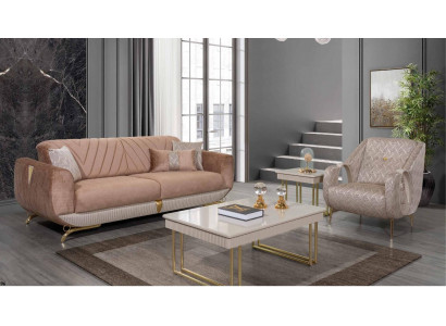  Beige Wohnzimmer Garnitur Luxus 3-Sitzer Polstersessel Beistelltisch
