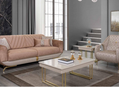  Beige Wohnzimmer Garnitur Luxus 3-Sitzer Polstersessel Beistelltisch