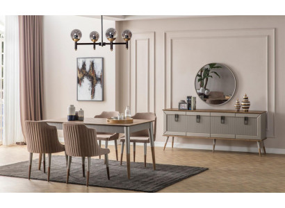  Beige Esszimmer Garnitur Rechteckiger Holz Tisch 6x Polsterstühle 7tlg