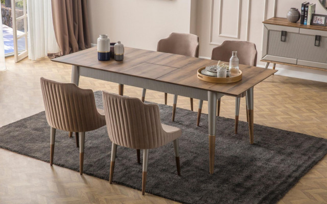  Beige Esszimmer Garnitur Rechteckiger Holz Tisch 6x Polsterstühle 7tlg