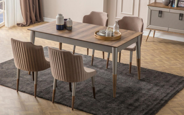  Beige Esszimmer Garnitur Rechteckiger Holz Tisch 6x Polsterstühle 7tlg