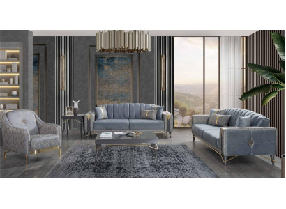 Luxuriöse Graue Chesterfield Polster Sofagarnitur Wohnzimmer 3-Sitzer Textil Sessel