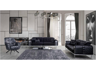 Schwarz-Graue Wohnzimmer Sitzgarnitur 3-Sitzer Sessel Sofagarnitur 3tlg
