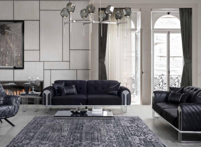 Schwarz-Graue Wohnzimmer Sitzgarnitur 3-Sitzer Sessel Sofagarnitur 3tlg