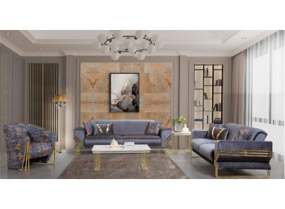 Hellblaues Wohnzimmer Set Designer 3-Sitzer Luxuriöser Sessel Couchtisch
