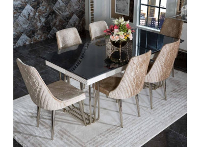 Schwarz-Weißer Esszimmer Glastisch Designer Textilstühle Esszimmermöbel