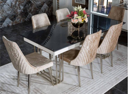 Schwarz-Weißer Esszimmer Glastisch Designer Textilstühle Esszimmermöbel