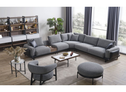 Graue Wohnzimmer Garnitur Luxus Ecksofa L-Form Couch Couchtisch Hocker