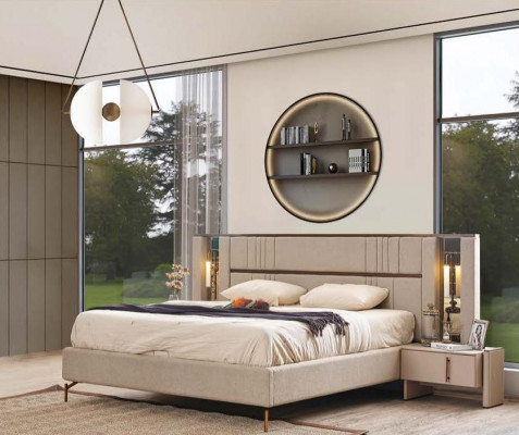 Luxuriöses Schlafzimmer Beiges Doppelbett 2x Nachttische Moderne Möbel