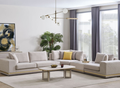 Wohnzimmer Hellbeiges Ecksofa L-Form Couch Modernes Textil Sofa Möbel