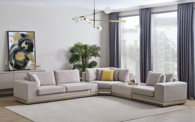 Wohnzimmer Hellbeiges Ecksofa L-Form Couch Modernes Textil Sofa Möbel
