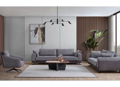 Graue Wohnzimmer Polstergarnitur Viersitzer Dreisitzer Textil Sessel