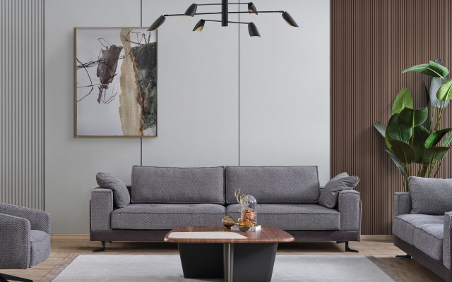Graue Wohnzimmer Polstergarnitur Viersitzer Dreisitzer Textil Sessel