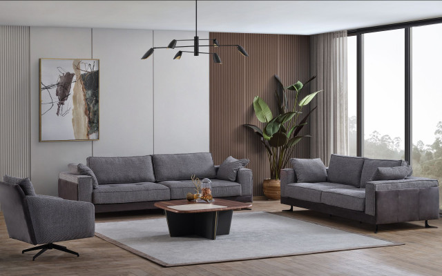 Graue Wohnzimmer Polstergarnitur Viersitzer Dreisitzer Textil Sessel